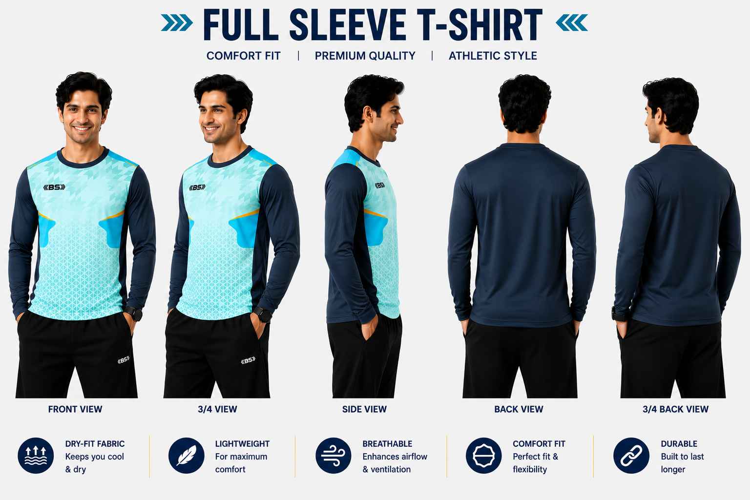 BS Sports 3-in-1 Performance Combo – Half Sleeve, Full Sleeve & Sleeveless