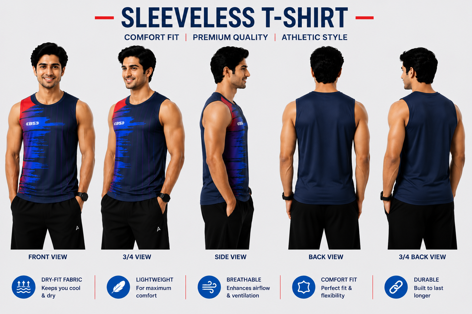 BS Sports 3-in-1 Performance Combo – Half Sleeve, Full Sleeve & Sleeveless