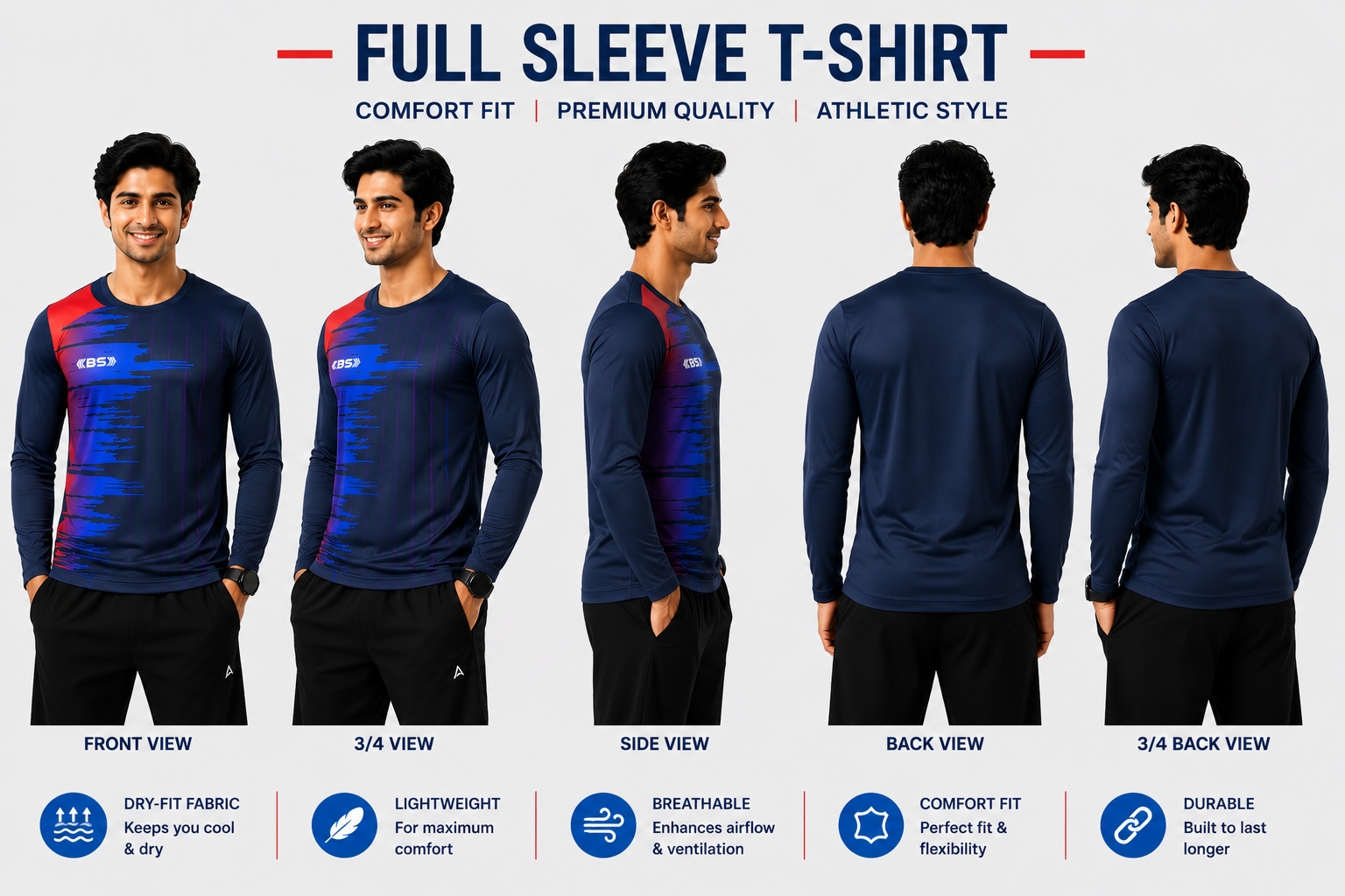 BS Sports 3-in-1 Performance Combo – Half Sleeve, Full Sleeve & Sleeveless