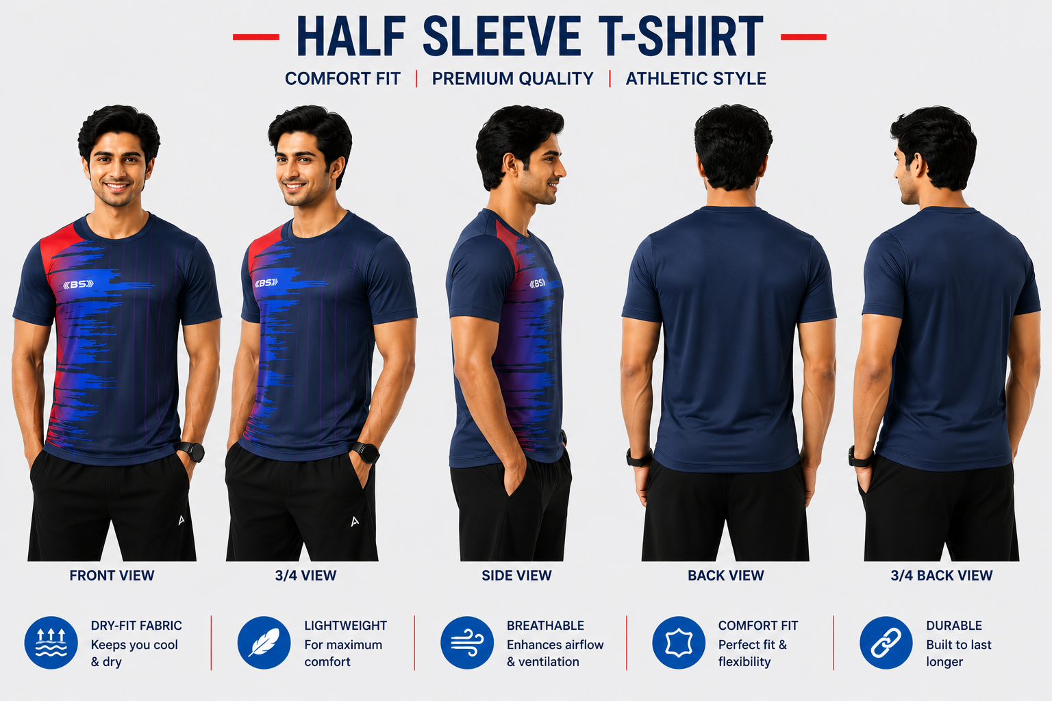 BS Sports 3-in-1 Performance Combo – Half Sleeve, Full Sleeve & Sleeveless
