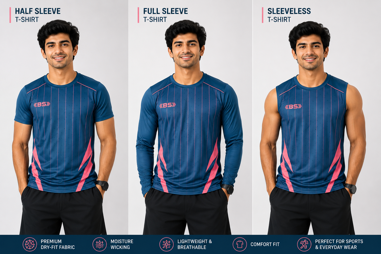 BS Sports 3-in-1 Performance Combo – Half Sleeve, Full Sleeve & Sleeveless