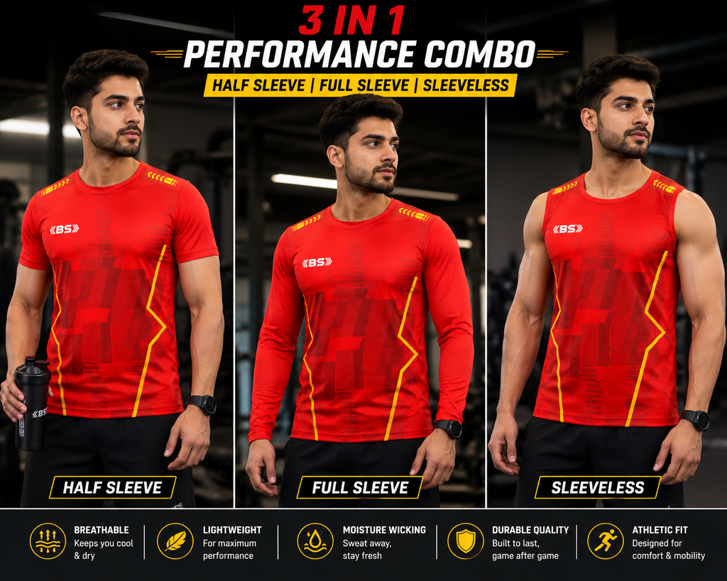 BS Sports 3-in-1 Performance Combo – Half Sleeve, Full Sleeve & Sleeveless