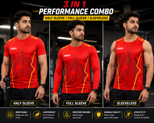 BS Sports 3-in-1 Performance Combo – Half Sleeve, Full Sleeve & Sleeveless