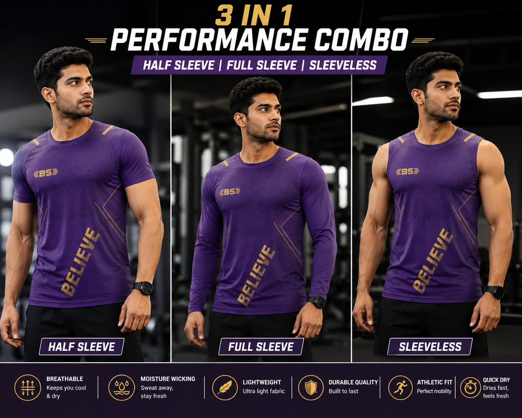 BS Sports 3-in-1 Performance Combo – Half Sleeve, Full Sleeve & Sleeveless