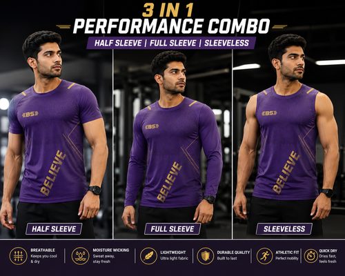 BS Sports 3-in-1 Performance Combo – Half Sleeve, Full Sleeve & Sleeveless