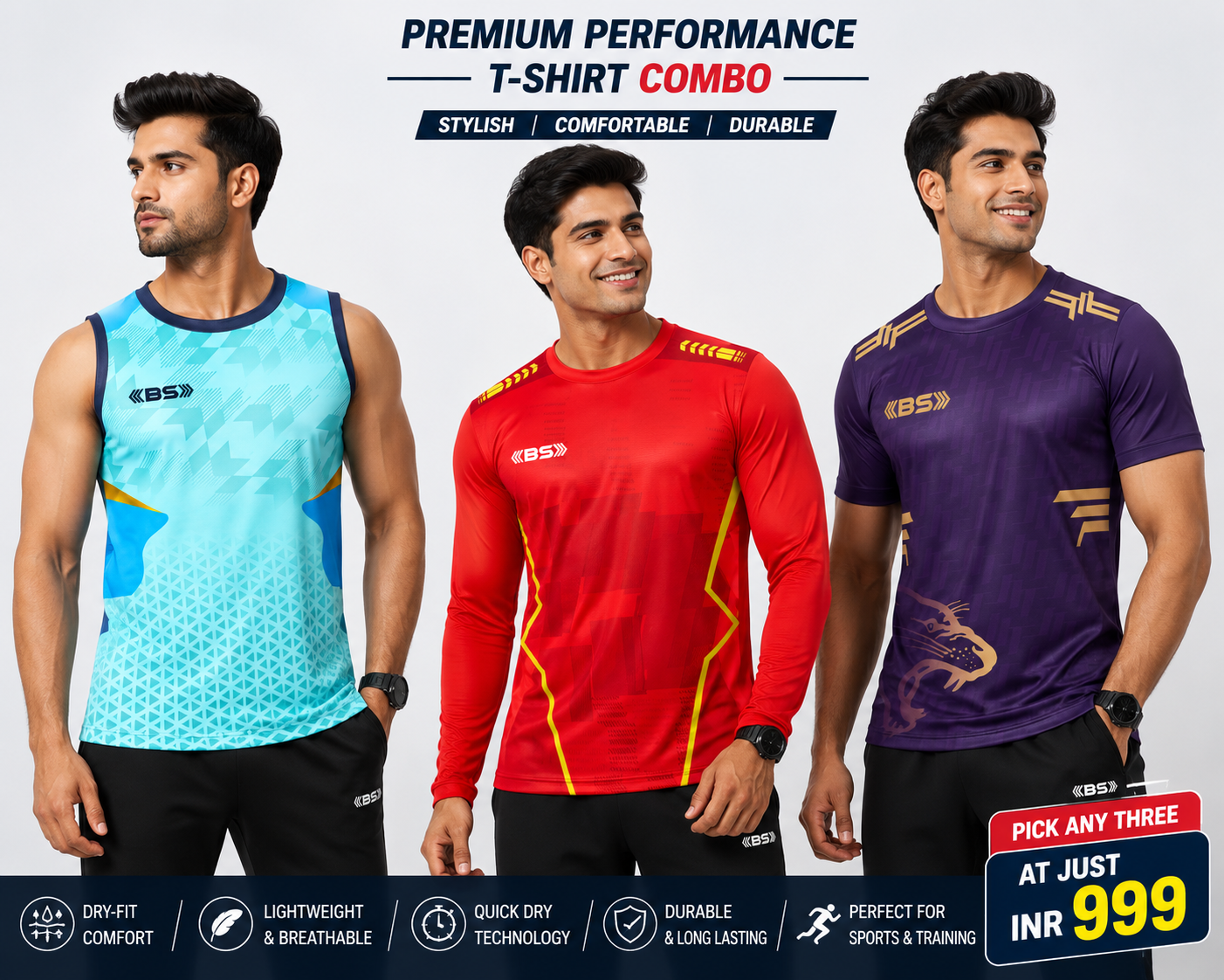 BS Sports Training Combo Pack – Half Sleeve + Full Sleeve + Sleeveless T-Shirt