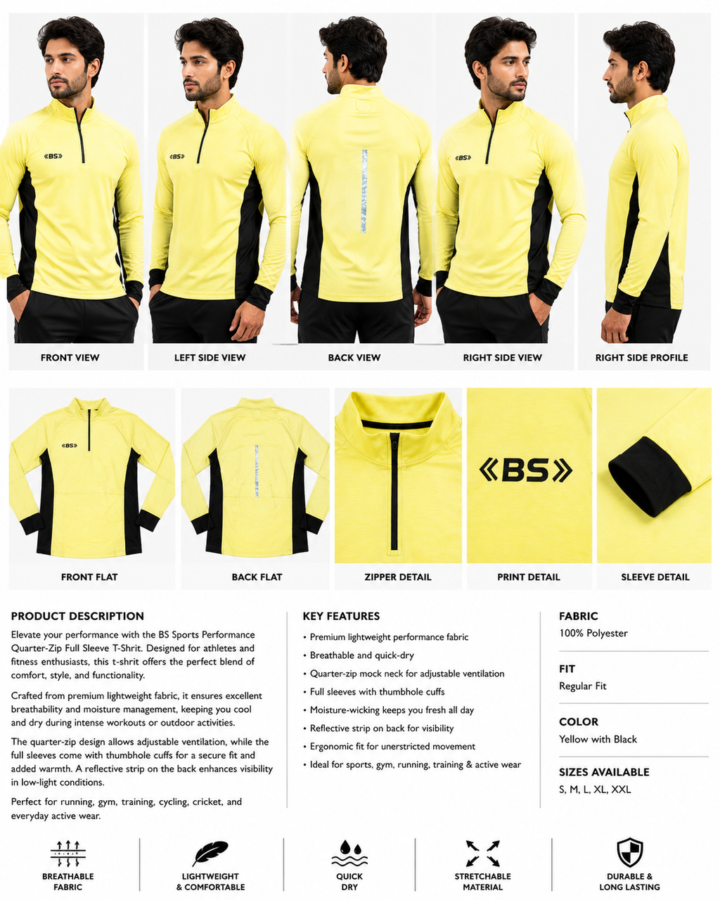 BS Sports Performance Quarter-Zip Full Sleeve T-Shirt