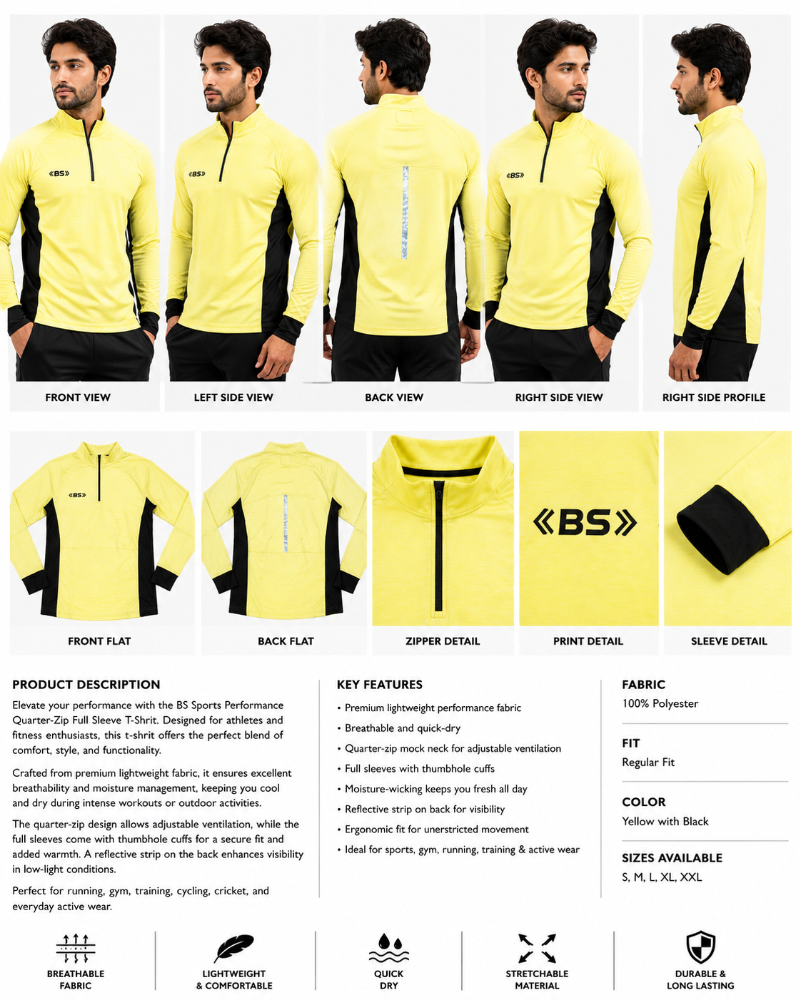 BS Sports Performance Quarter-Zip Full Sleeve T-Shirt