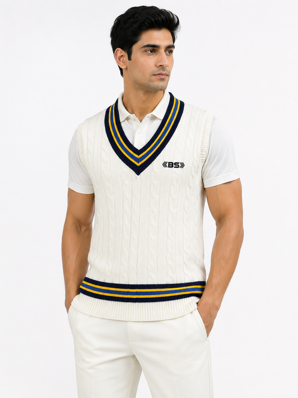BS Sports Cricket White Sweater Elite-X
