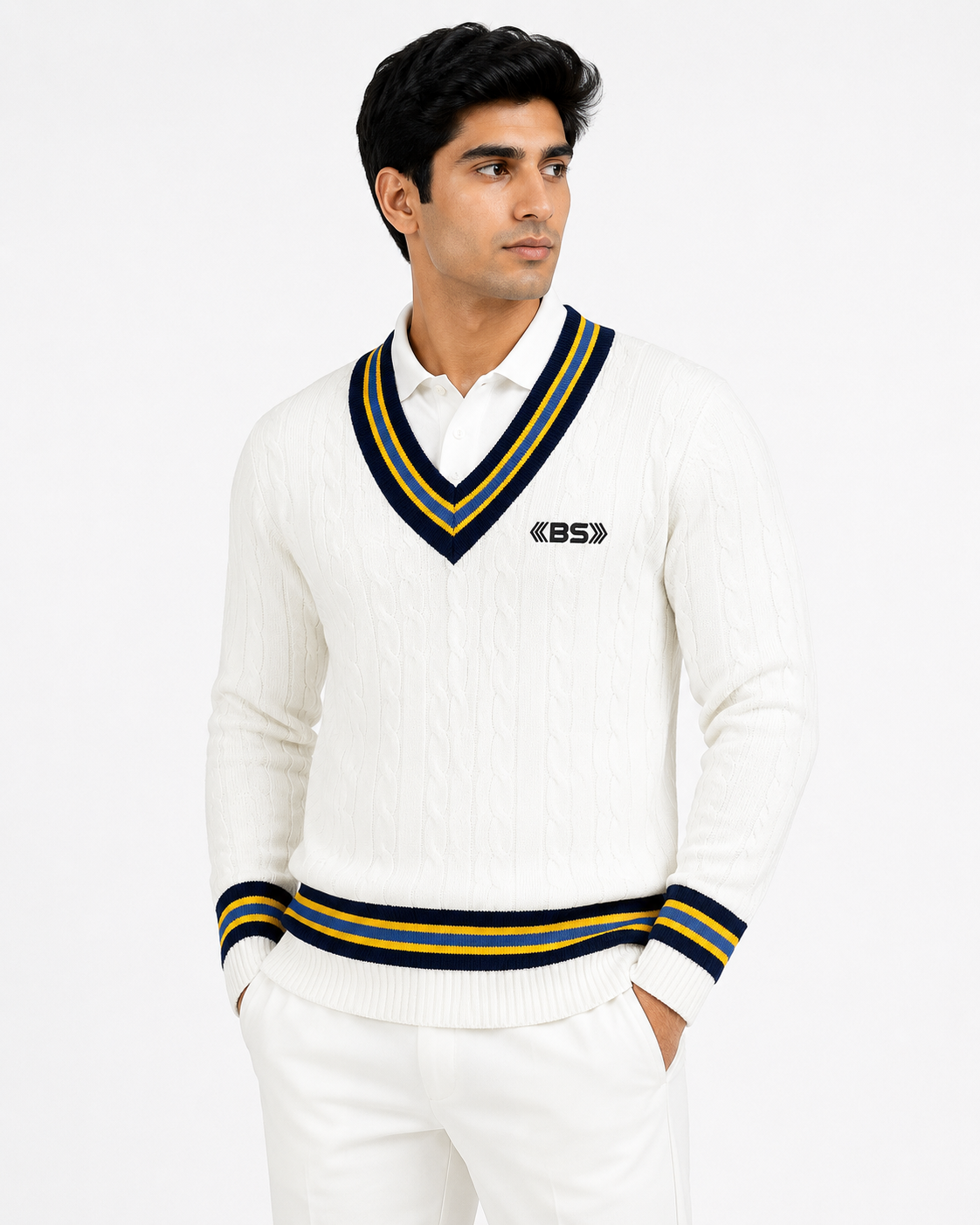 BS Sports Cricket White Sweater Elite-X Full