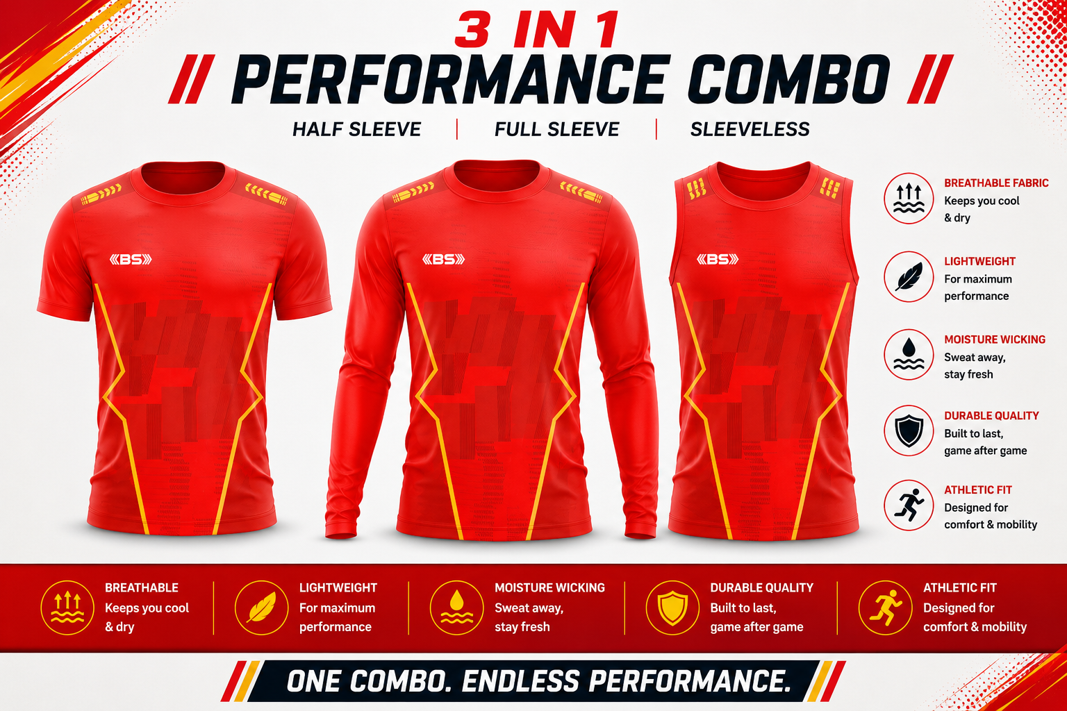 BS Sports 3-in-1 Performance Combo – Half Sleeve, Full Sleeve & Sleeveless