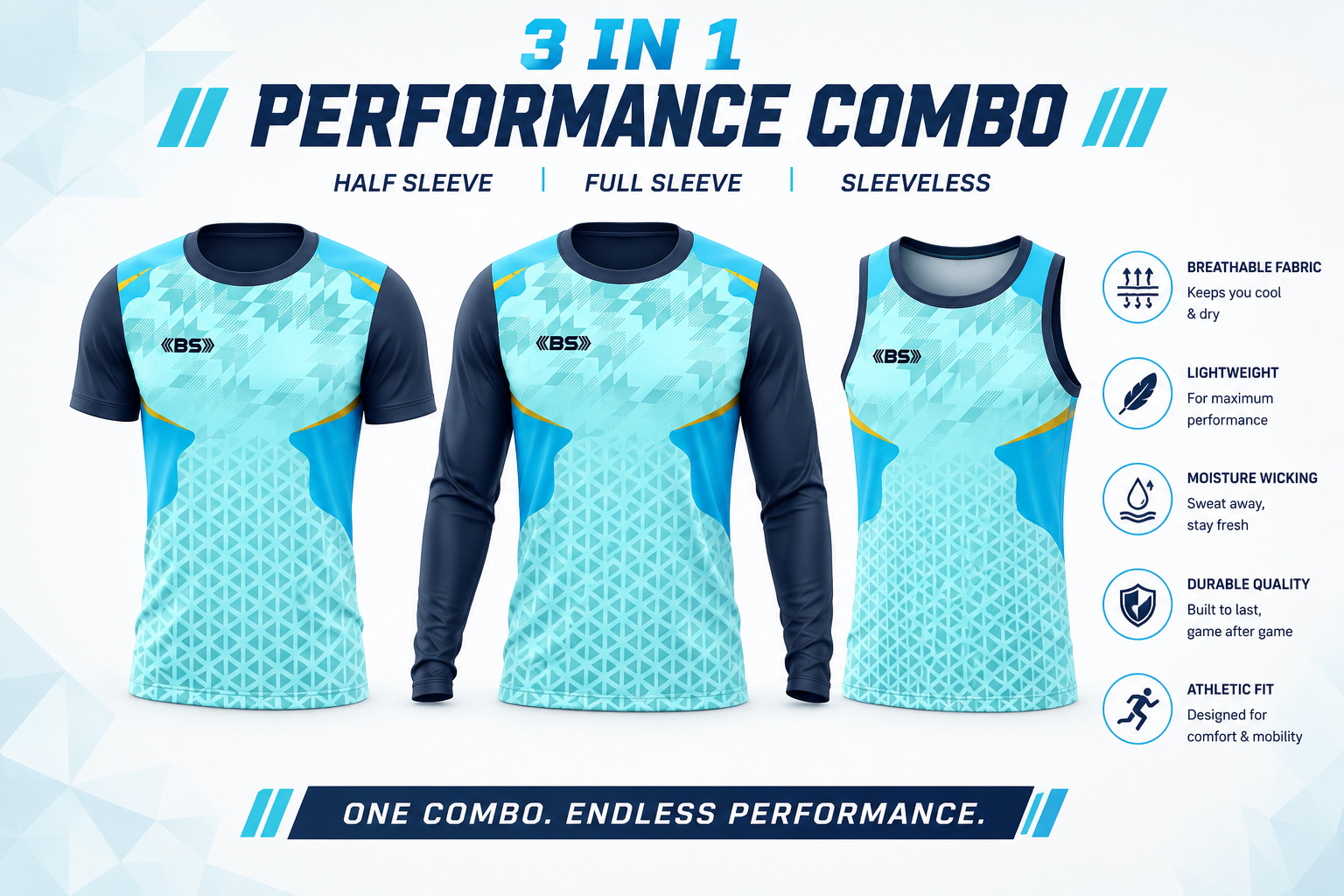 BS Sports 3-in-1 Performance Combo – Half Sleeve, Full Sleeve & Sleeveless