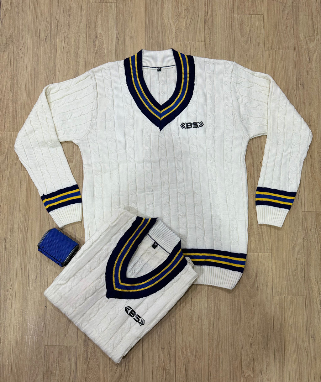 BS Sports Cricket White Sweater Elite-X Full