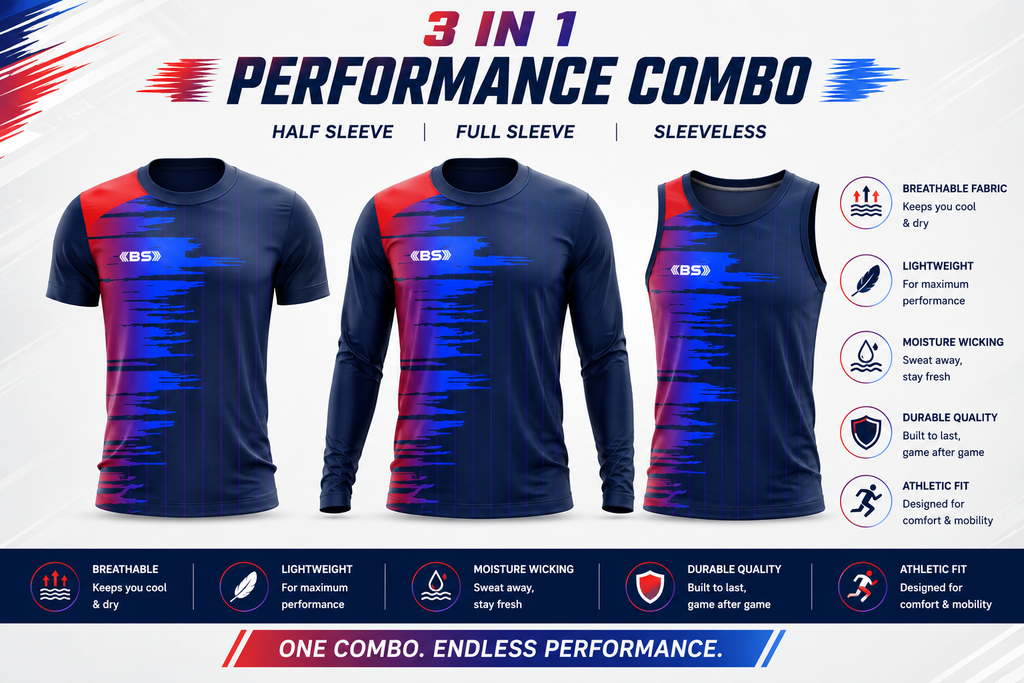 BS Sports 3-in-1 Performance Combo – Half Sleeve, Full Sleeve & Sleeveless