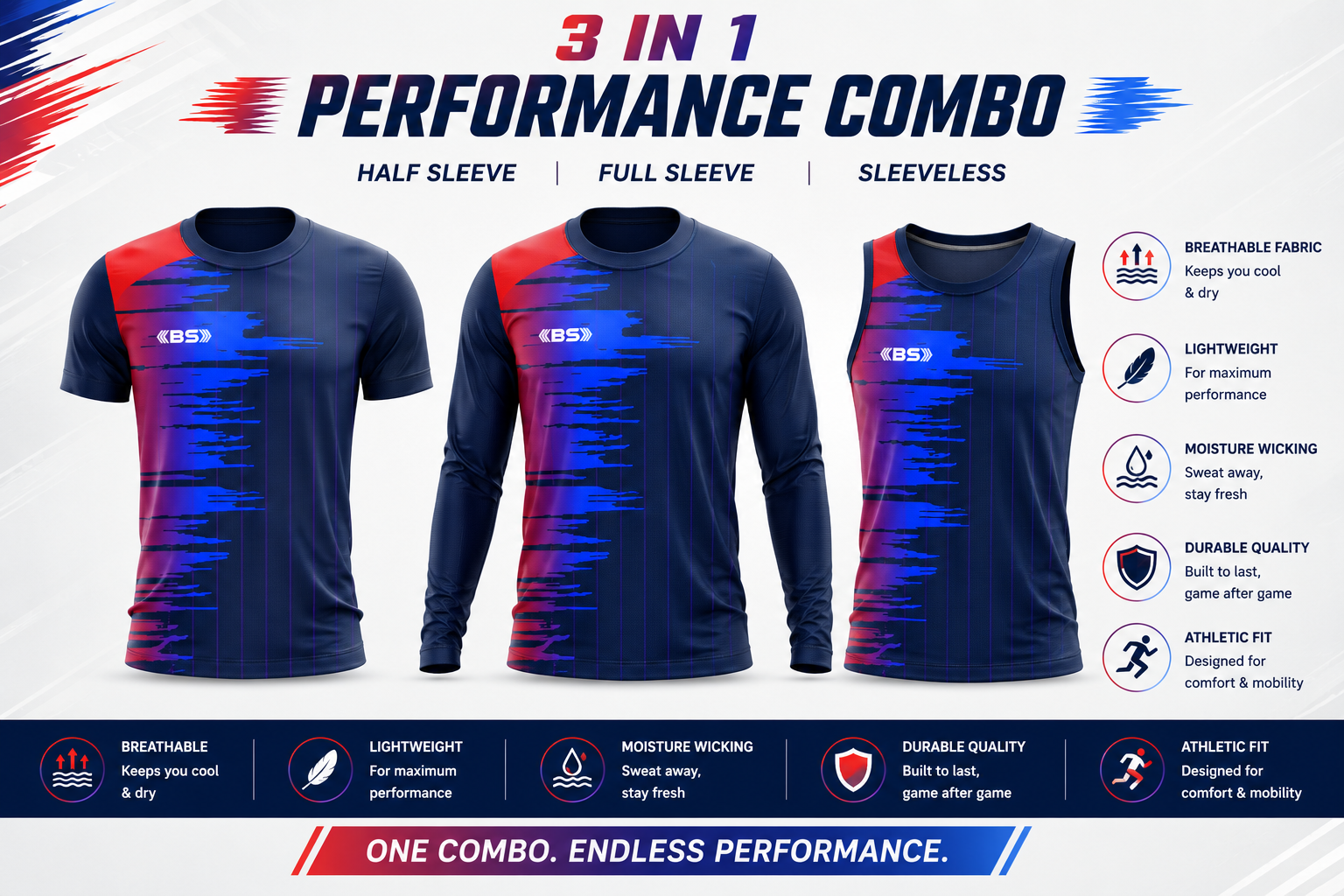 BS Sports 3-in-1 Performance Combo – Half Sleeve, Full Sleeve & Sleeveless