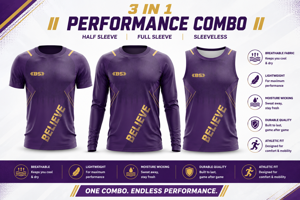 BS Sports 3-in-1 Performance Combo – Half Sleeve, Full Sleeve & Sleeveless