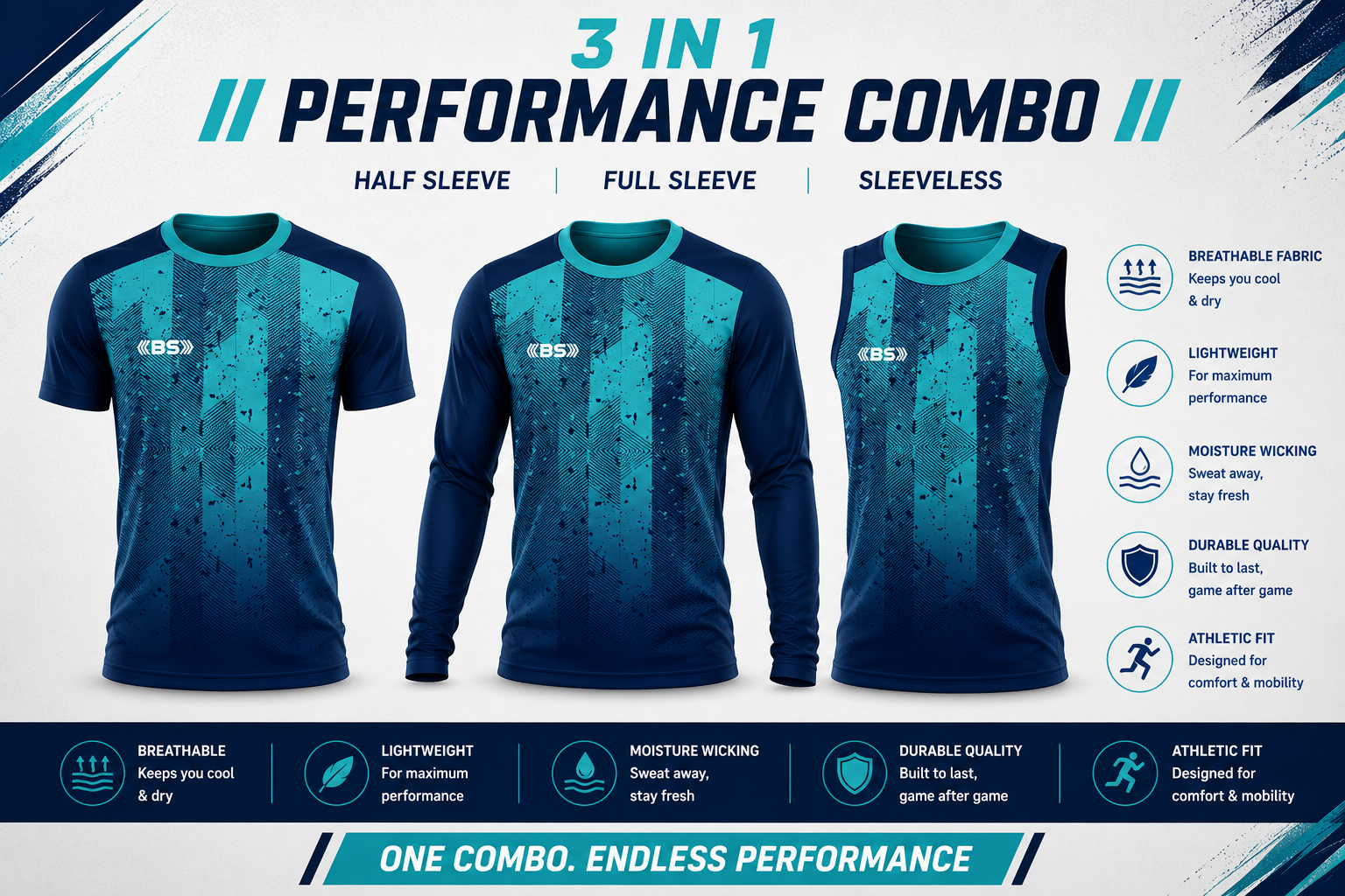 BS Sports 3-in-1 Performance Combo – Half Sleeve, Full Sleeve & Sleeveless