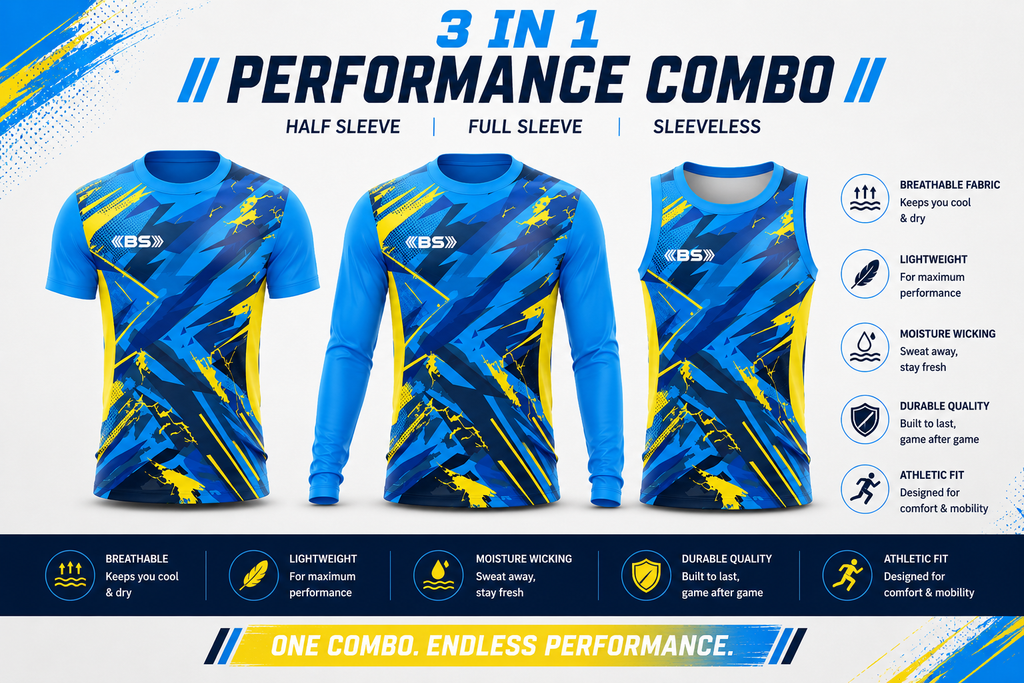 BS Sports 3-in-1 Performance Combo – Half Sleeve, Full Sleeve & Sleeveless