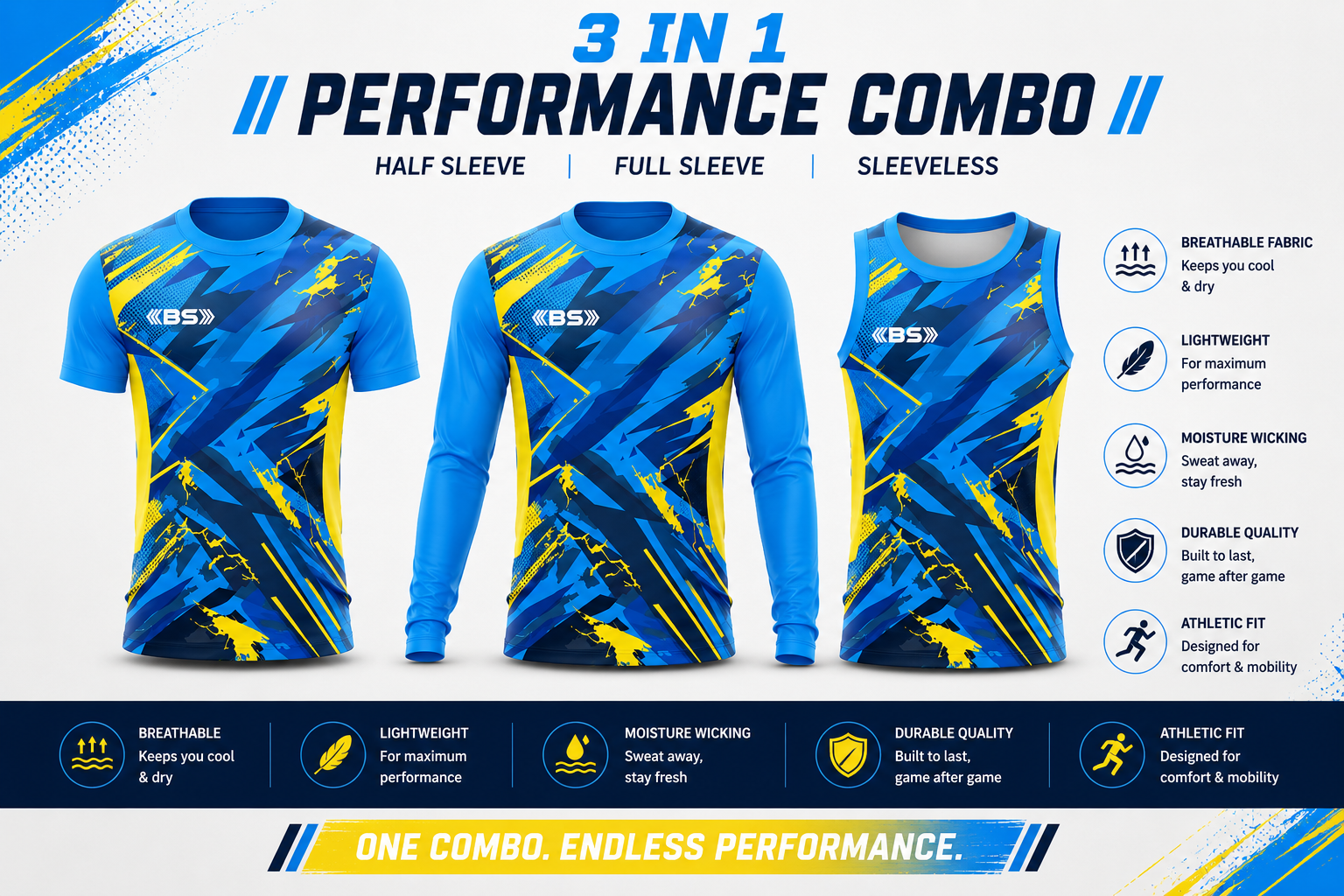 BS Sports 3-in-1 Performance Combo – Half Sleeve, Full Sleeve & Sleeveless