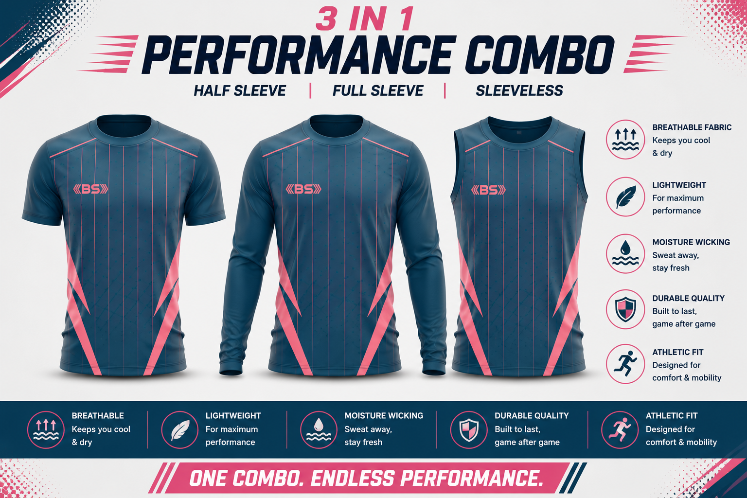 BS Sports 3-in-1 Performance Combo – Half Sleeve, Full Sleeve & Sleeveless